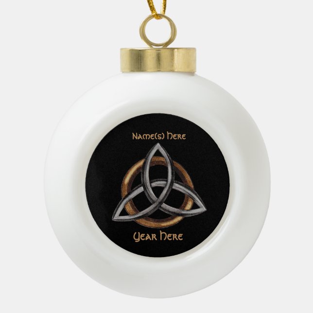 Triquetra (Brown/Silver) Ceramic Ball Christmas Ornament (Front)
