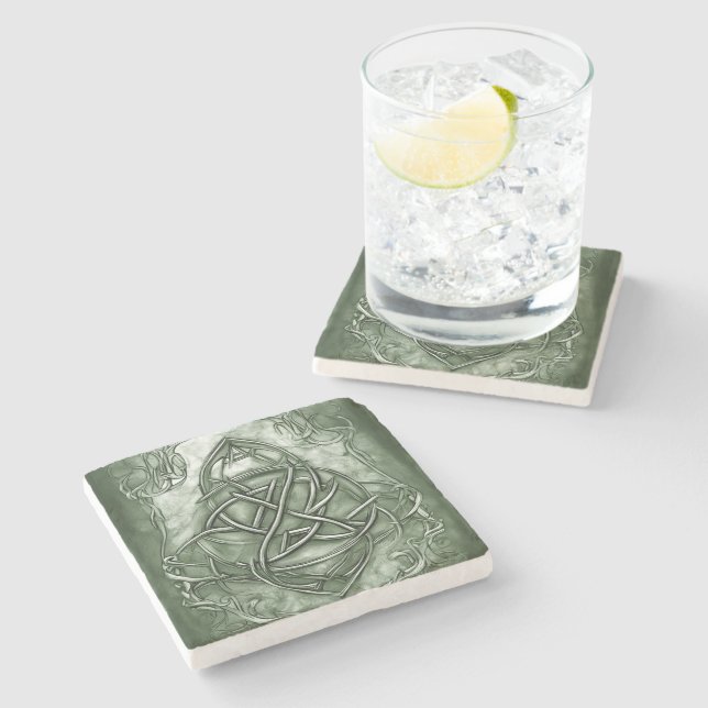 Triquetra Trinity Knot Sage Green Faux Metallic Stone Coaster (Side)