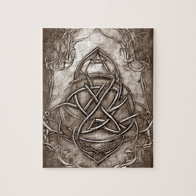 Triquetra Trinity Knot Sepia Faux Metallic Tin Jigsaw Puzzle (Vertical)
