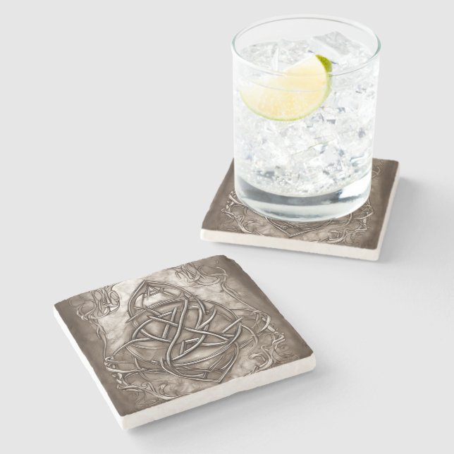 Triquetra Trinity Knot Sepia Faux Metallic Tin Stone Coaster (Side)