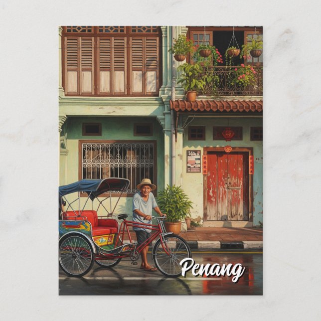 Trishaw Penang Malaysia Heritage Townhouse Travel Postcard (Front)