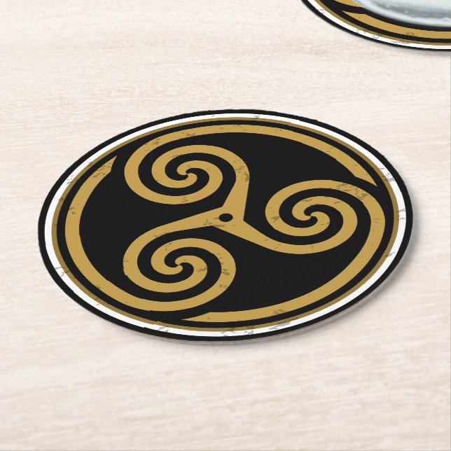 TRISKELION TRIPLE CELTIC SPIRAL ROUND PAPER COASTER (Angled)