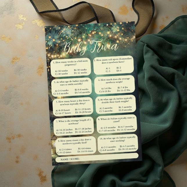 Trivia Baby Shower Game Enchanted Forest Lanterns Flyer (enchanted forest baby shower game trivia emerald green gold fairy lights lanterns magical woodland)