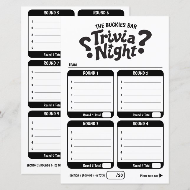Trivia gaming 50 questions answer sheets mono (Front/Back)