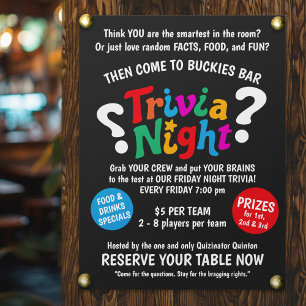 Trivia Night game night colourful fun quiz Poster