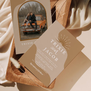 TRIXIE Beige Taupe Retro Arched Photo Boho Wedding Invitation
