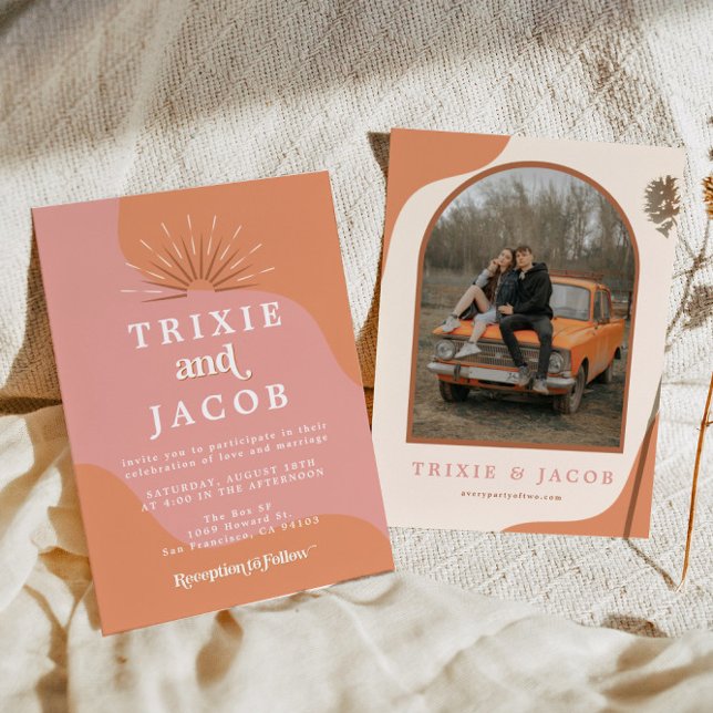 TRIXIE Retro Arched Photo Boho Groovy Wedding Invitation (Creator Uploaded)