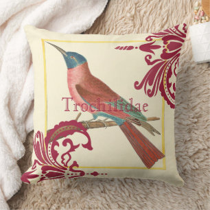 Trochilidae Vintage Hummingbird Raspberry Damask Cushion