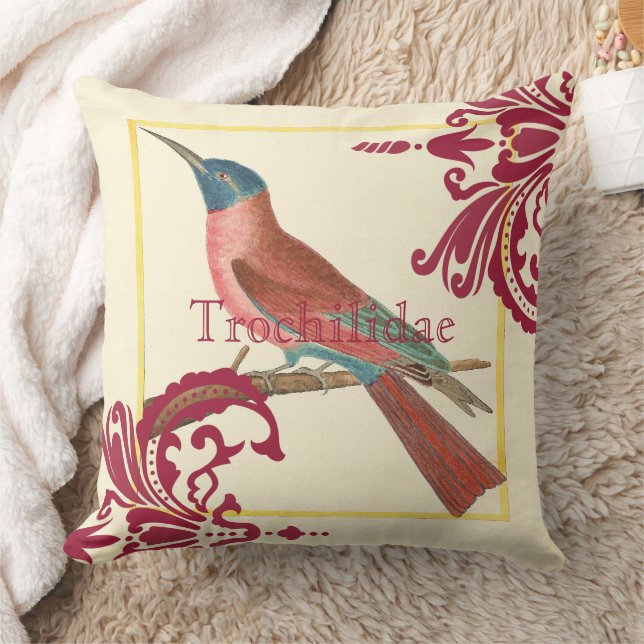 Trochilidae Vintage Hummingbird Raspberry Damask Cushion (Blanket)
