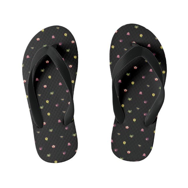 troll pattern black kid's jandals (Footbed)