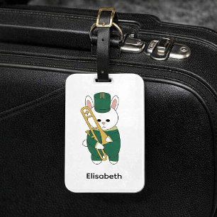 Trombone Band Bunny Rabbit Green Gold Personalise Luggage Tag