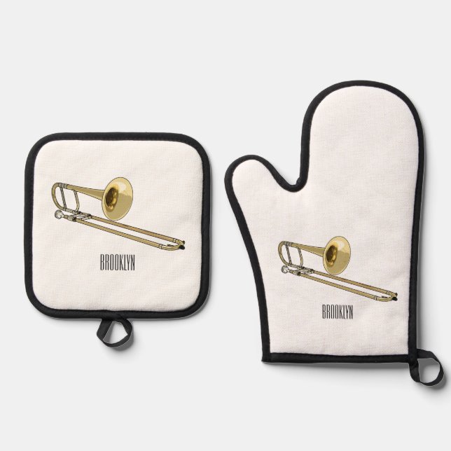 Trombone cartoon illustration oven mitt & pot holder set (Front)