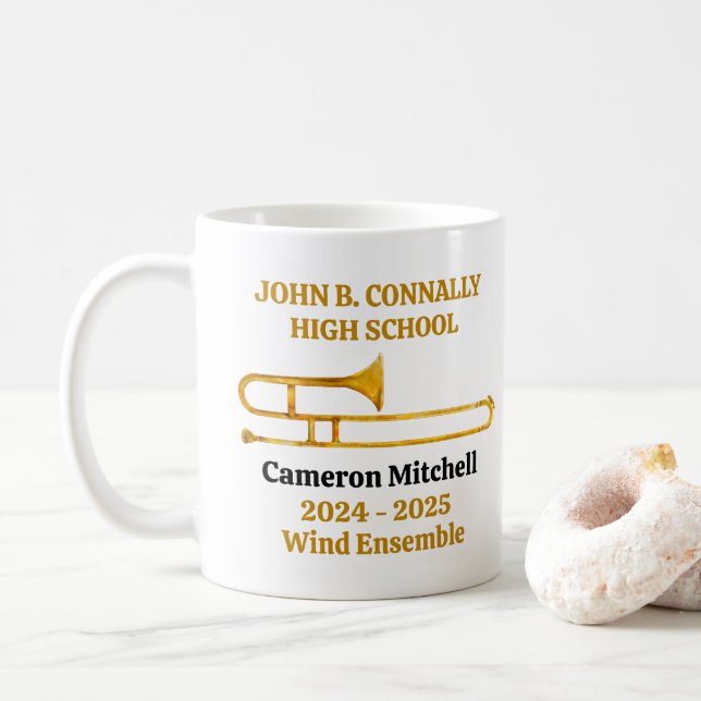 Trombone High School Band Gold Personalised Coffee Mug (With Donut)