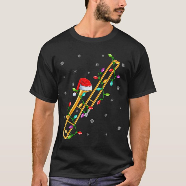 Trombone Music Lover Xmas Lights Santa Trombone Ch T-Shirt (Front)