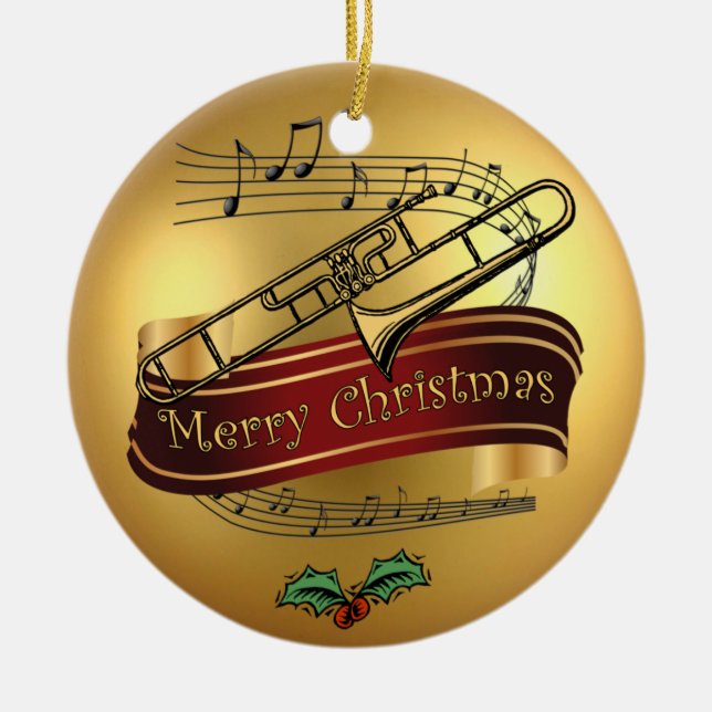 Trombone ~ Musical Scroll ~Gold “Merry Christmas ~ Ceramic Tree Decoration (Front)