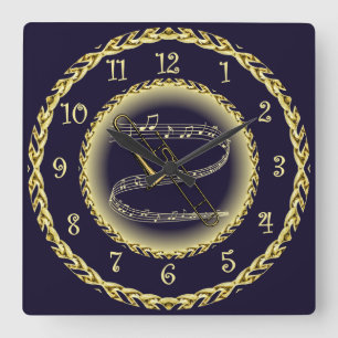 Trombone ~ Musical Scroll ~ Gold/Navy Blue ~  Square Wall Clock