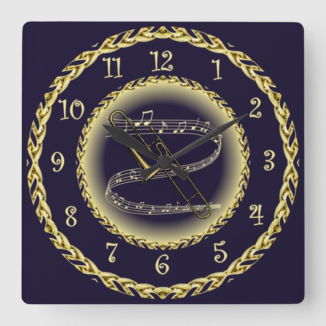 Trombone ~ Musical Scroll ~ Gold/Navy Blue ~  Square Wall Clock (Front)
