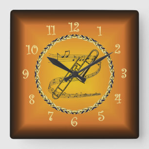 Trombone On Musical Scroll & Russet Orange ~ Square Wall Clock