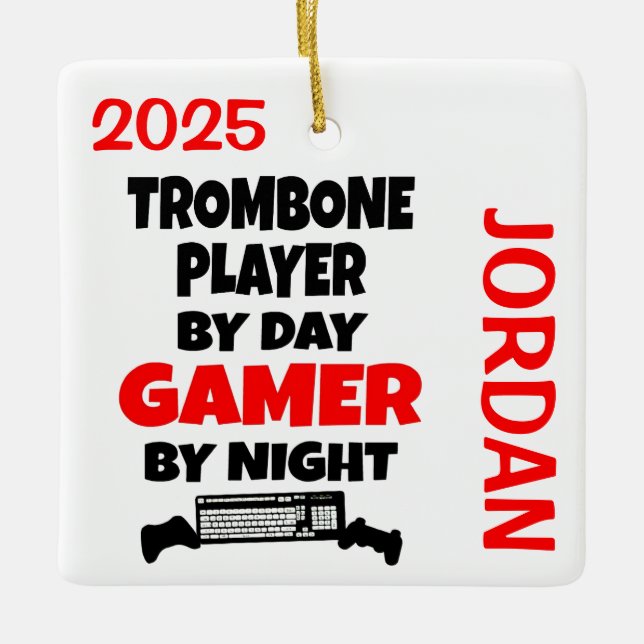 Trombone Player Loves Playing Video Games Ceramic Ornament (Front)