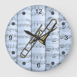 Trombone~Rolled Sheet Music~Blue Tint Background~ Large Clock