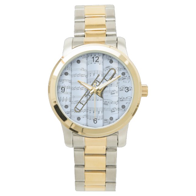 Trombone~Rolled Sheet Music~Blue Tint Background~  Watch (Front)