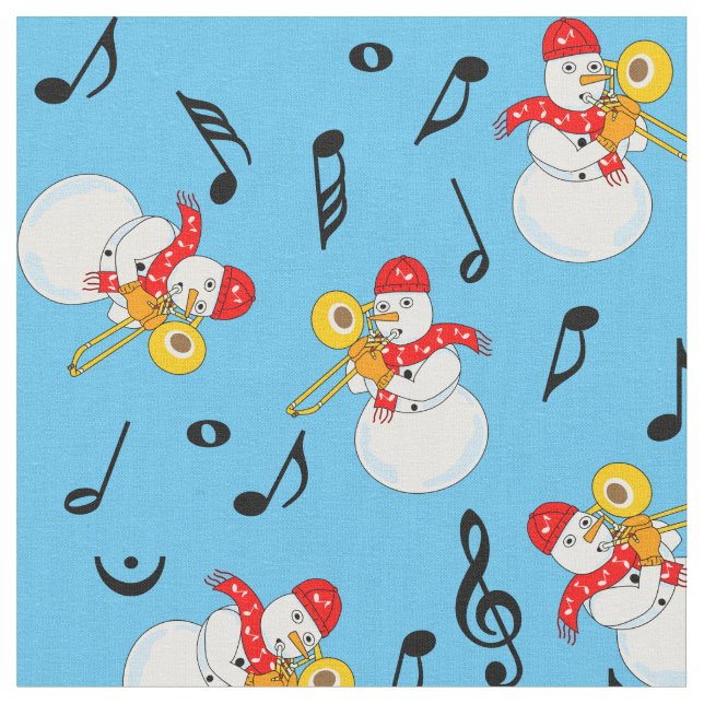 Trombone Snowman Music Notes Pattern Fabric (Close Up)