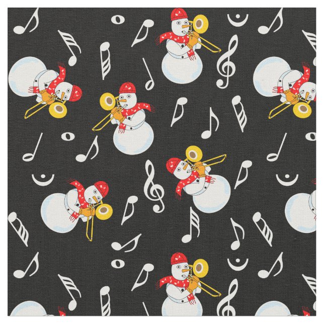 Trombone Snowman Music Notes Pattern Fabric (Close Up)