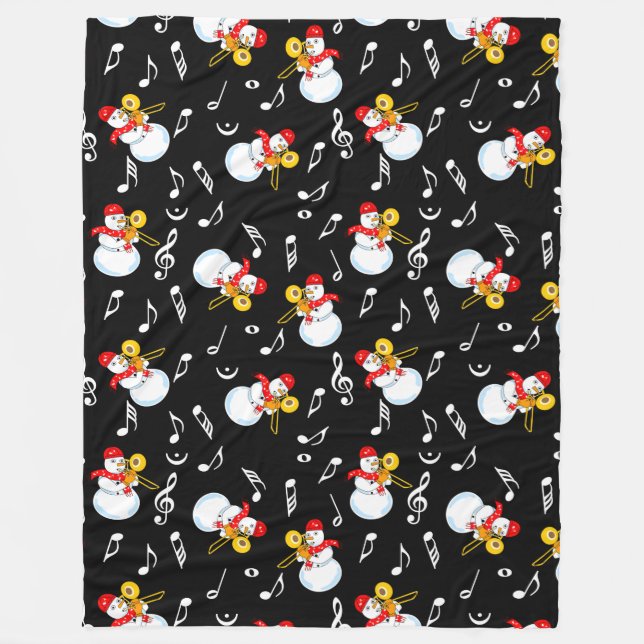 Trombone Snowman Music Notes Pattern Fleece Blanket (Front)