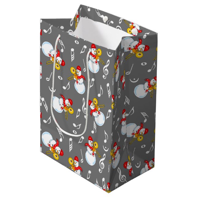 Trombone Snowman Music Notes Pattern Medium Gift Bag (Front Angled)