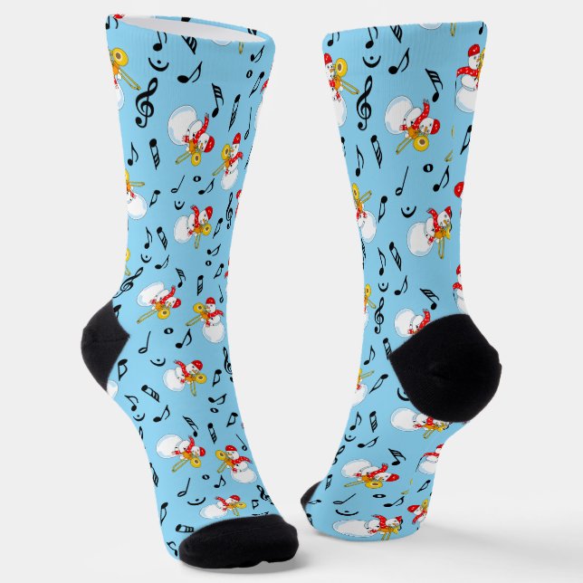 Trombone Snowman Music Notes Pattern Socks (Angled)