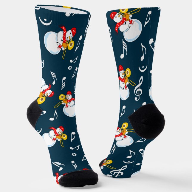 Trombone Snowman Music Notes Pattern Socks (Angled)