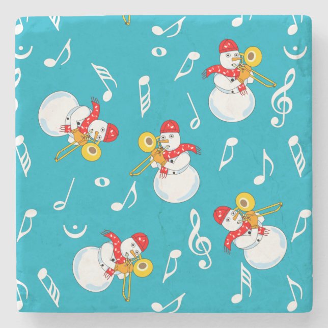 Trombone Snowman Music Notes Pattern Stone Coaster (Front)