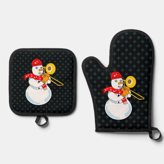 Trombone Snowman Oven Mitt & Pot Holder Set (Front)
