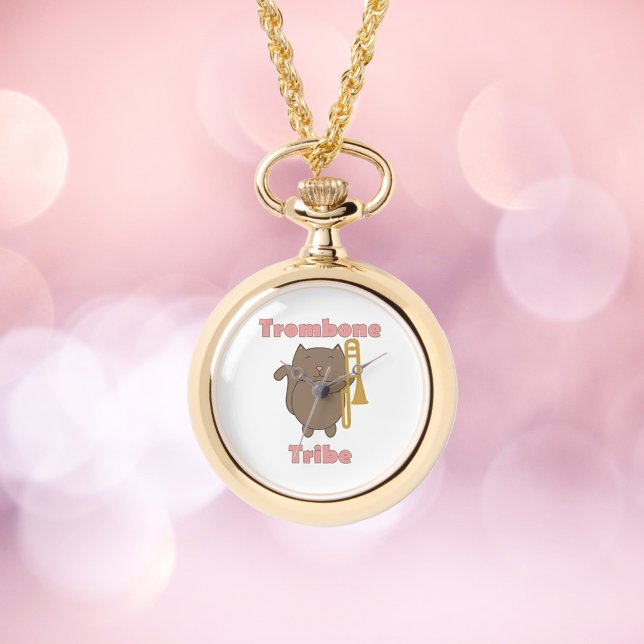 Trombone Tribe Brown Cat Pink Letters Watch (A watch necklace with a brown cat and a trombone with the text trombone tribe.)