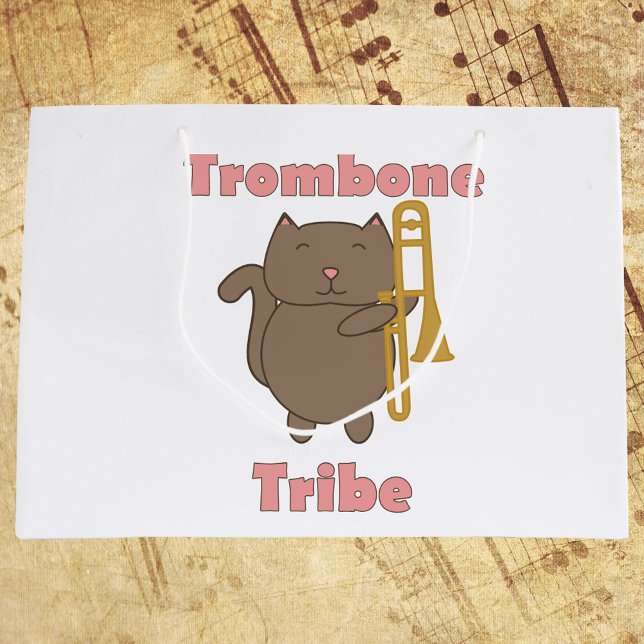Trombone Tribe Cat Marching Band Music Design Large Gift Bag (A gift bag with a cute cat holding a trombone & the words trombone tribe in pink letters.)