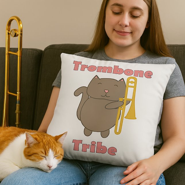 Trombone Tribe Cute Brown Cat Pink Letters Cushion (A throw pillow features a cute cat holding a trombone and the text trombone tribe in pink letters.)