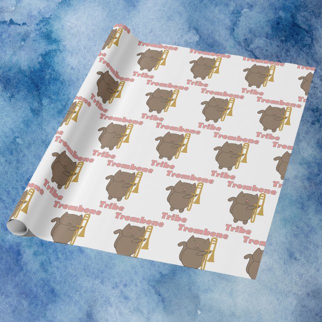 Trombone Tribe Cute Kitty Cat Pink Wrapping Paper (Wrapping paper with a pattern of brown cats with trombones & the words trombone tribe in pink.)