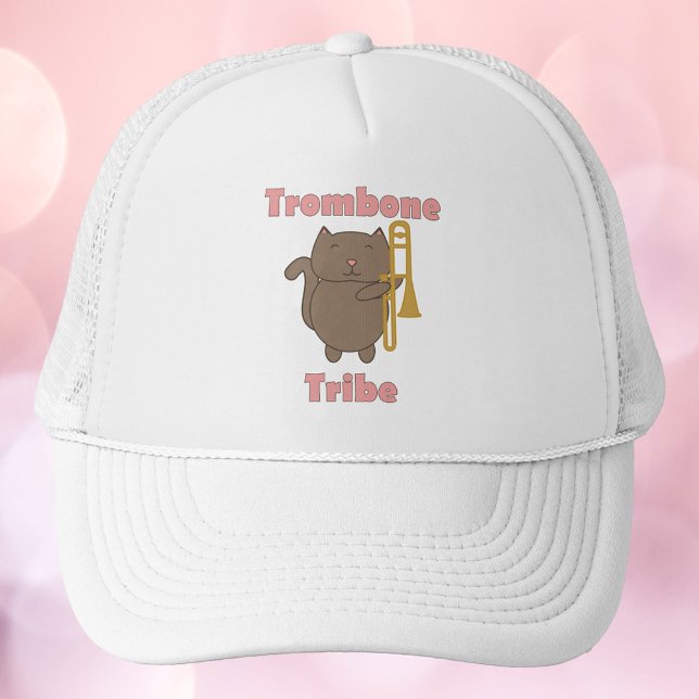 Trombone Tribe Kawaii Cat Pink Letters Trucker Hat (A hat with a brown cat holding a trombone and the words trombone tribe in pink.)