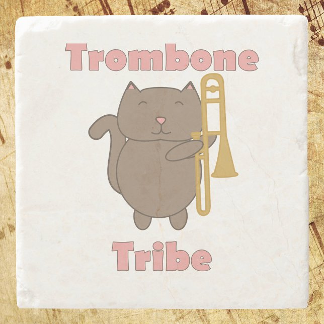 Trombone Tribe Kawaii Kitty Cat Pink Letters Stone Coaster (A coaster with a cute cat holding a trombone and the words trombone tribe in pink letters.)