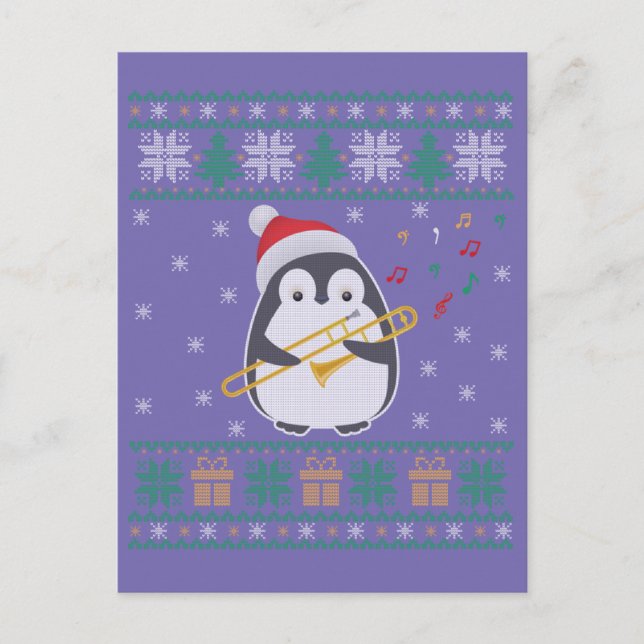 Trombone Ugly Christmas Sweater Penguin Xmas Famil Postcard (Front)