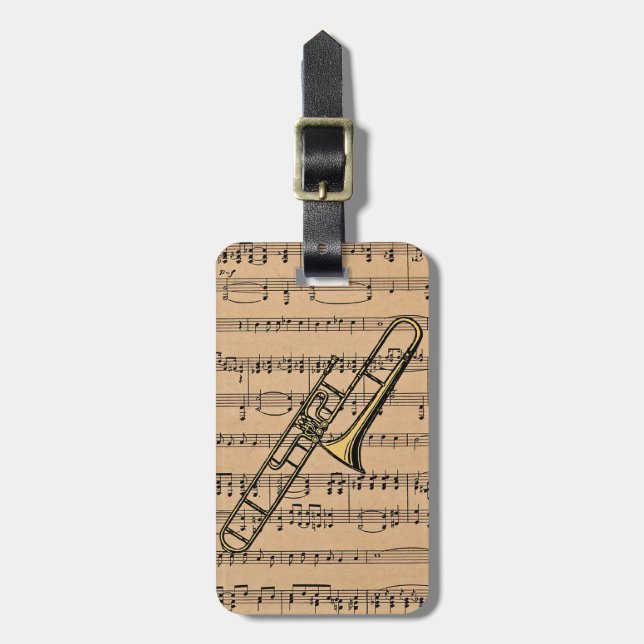 Trombone With Sheet Music Background Luggage Tag (Front Vertical)