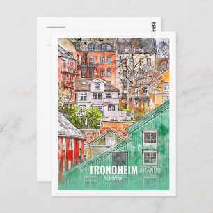 Trondheim Norway Famous Travel Watercolor Sketch Postcard