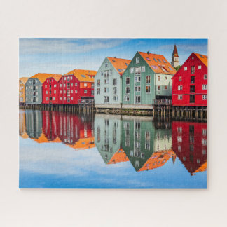 Trondheim Norway Fjord Red and Green Homes Jigsaw Puzzle