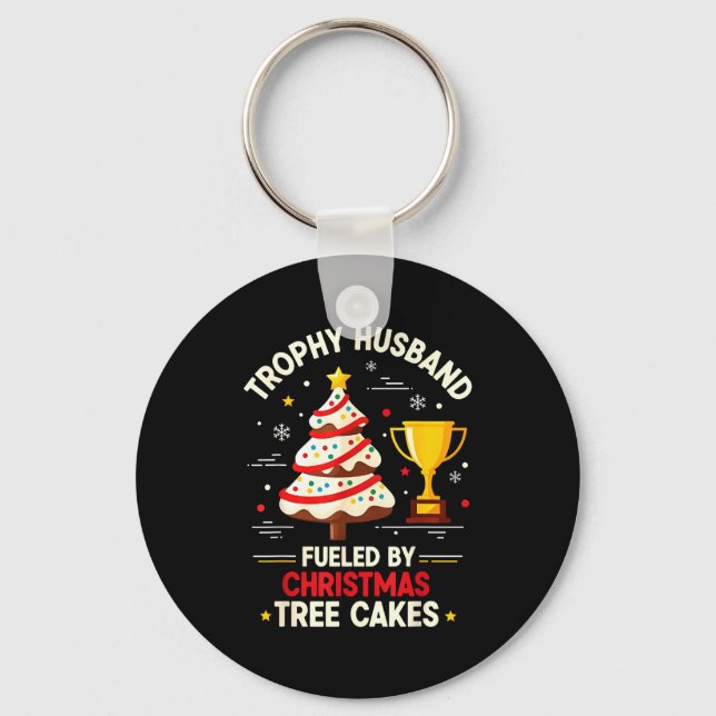 Trophy Retro Husband Fueled By Christmas Tree Cake Key Ring (Front)