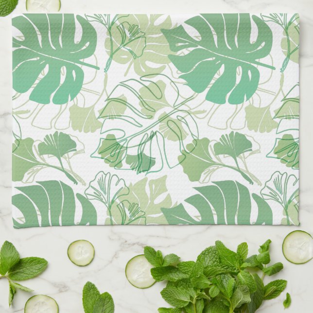 Tropic green leaf patterned tea towel (Folded)
