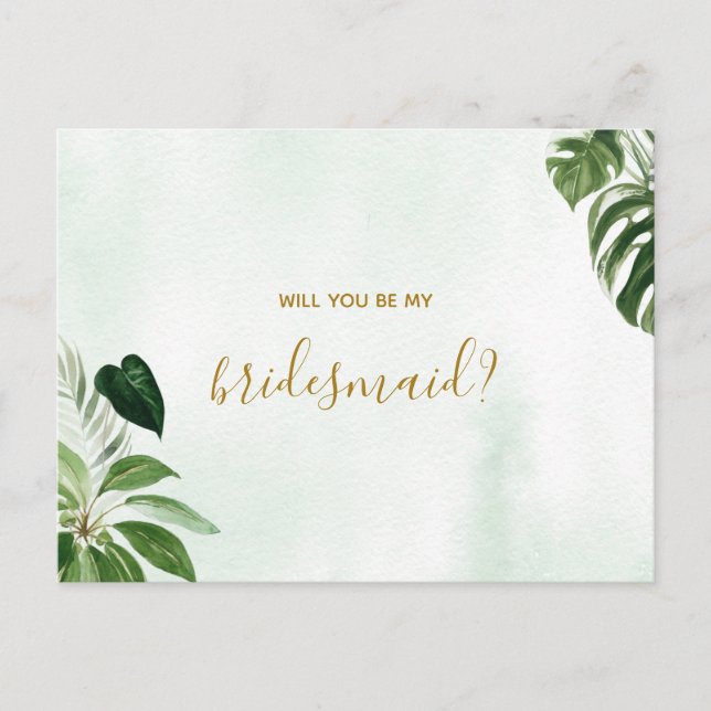 Tropic Green Leaf Will You Be My Bridesmaid Invitation Postcard (Front)