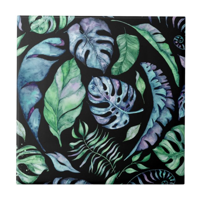 Tropic jungle leaf pattern purple green tropical tile (Front)