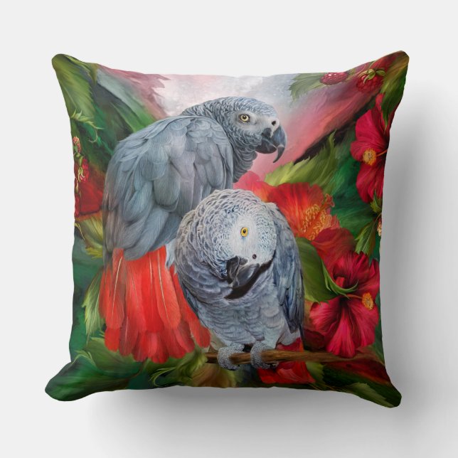 Tropic Spirits - African Greys Art Designer Pillow (Front)