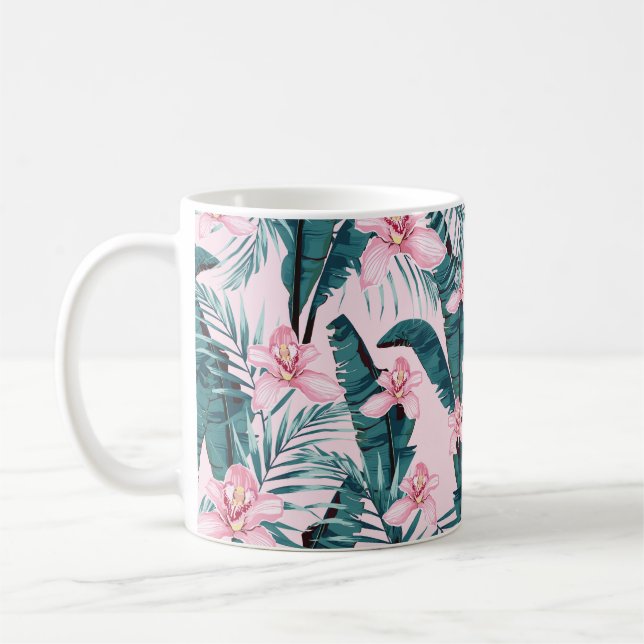 Tropic summer painting seamless pattern with palm  coffee mug (Left)