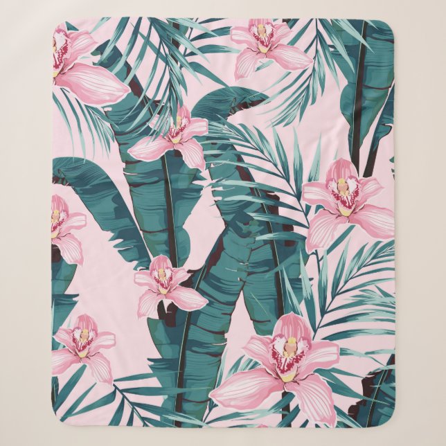 Tropic summer painting seamless pattern with palm  sherpa blanket (Front)